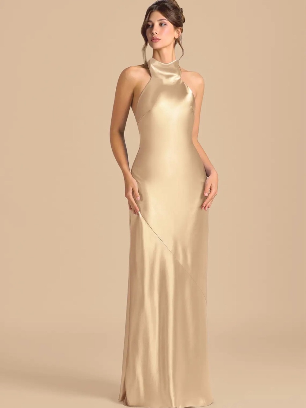 Azazie Velli - Gold Sheath High Neck Metallic Satin Dress A4 Gold - Picture 2 of 3
